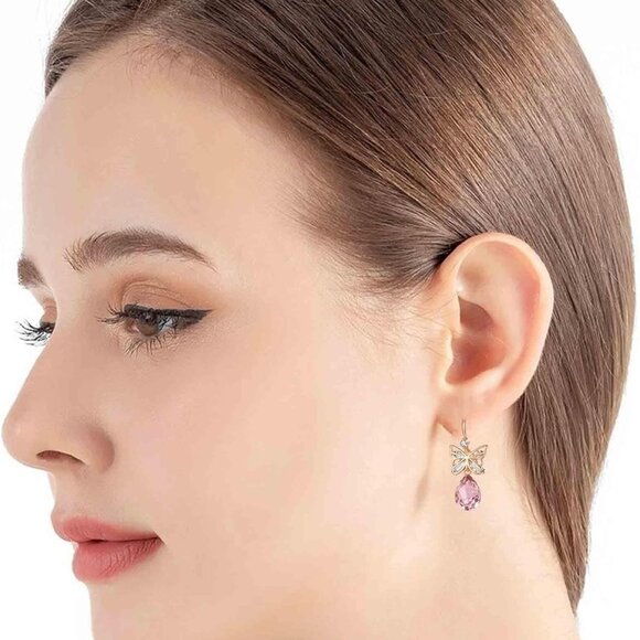 Crystal Butterfly Drop Earrings Hypoallergenic Pink Rose Gold Jewelry Women - Picture 7 of 8